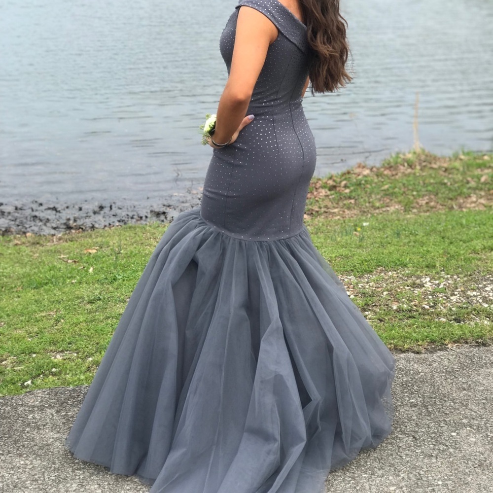 Sherri Hill Charcoal Gown with Tulle Skirt - Picture 15 of 15